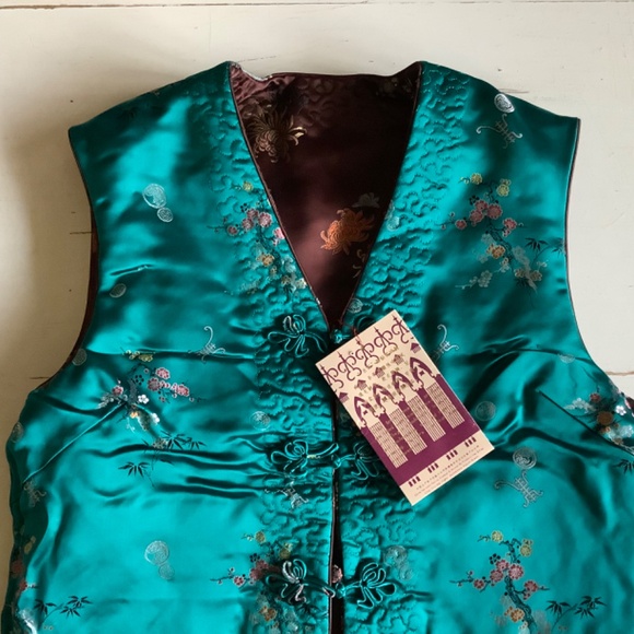 NWT Xin Jiang Camel Wool insulated Reversible teal & brown Satin Vest Large - Picture 7 of 8